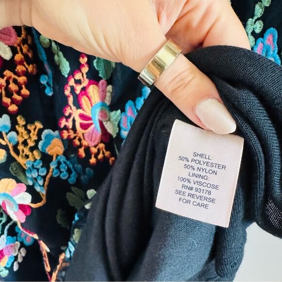 ANTHROPOLOGIE Black Sheer Mesh Floral Embroidery Overlay Sleeve Mini Dress S - Picture 10 of 14